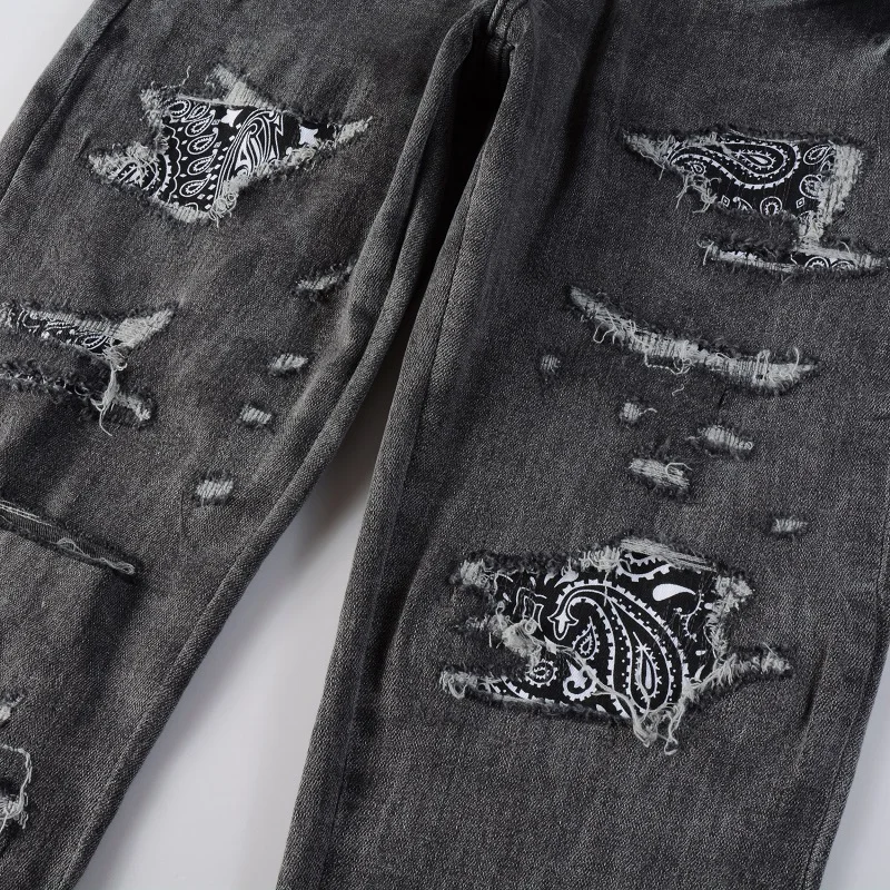 Men Bandana Paisley Print Patches Jeans Gray Stretch Denim Skinny Tapered Pants Holes Ripped Distressed Trousers