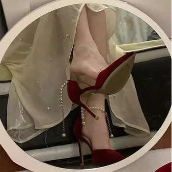 Pointed Toe Fine High Heel Women's Shoes Metal Buckle Strap Sexy Women's Shoes Wedding Shoes Bridal Bridesmaid Shoes Red Heels