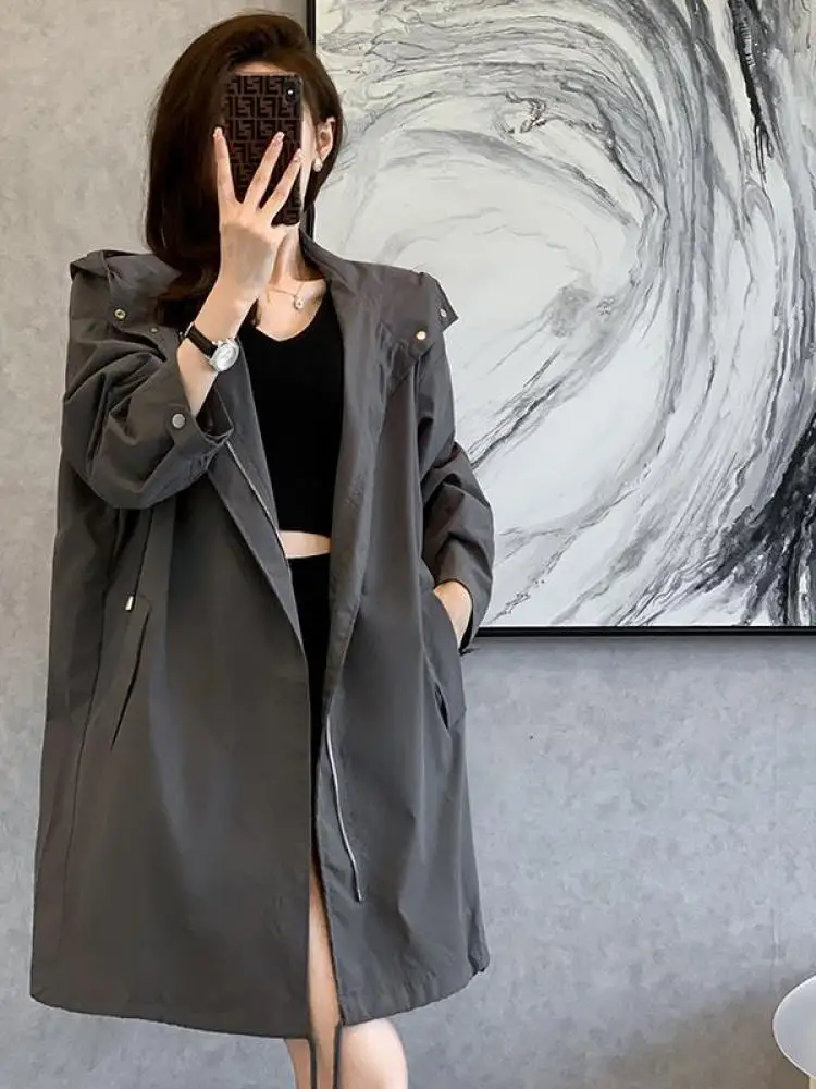

Autumn Fashion Women's Solid Windbreaker Jackets Female Hooded Casual Basic Coat Spring Loose Single Breasted Zipper Outerwear
