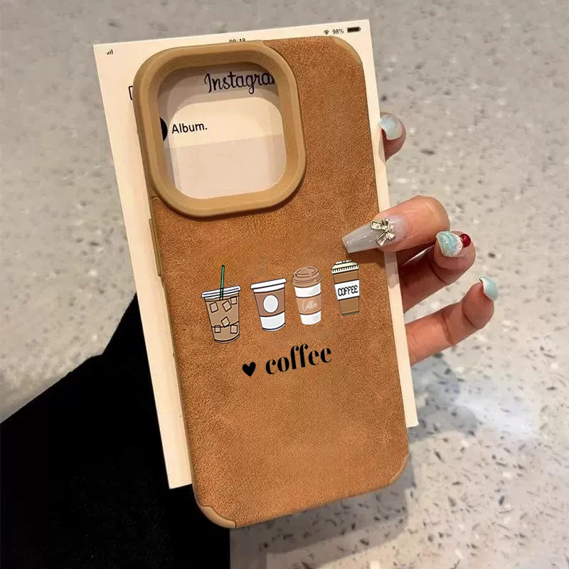 Cartoon Coffee Pattern Shockproof Executive Fiber Leather Phone Case