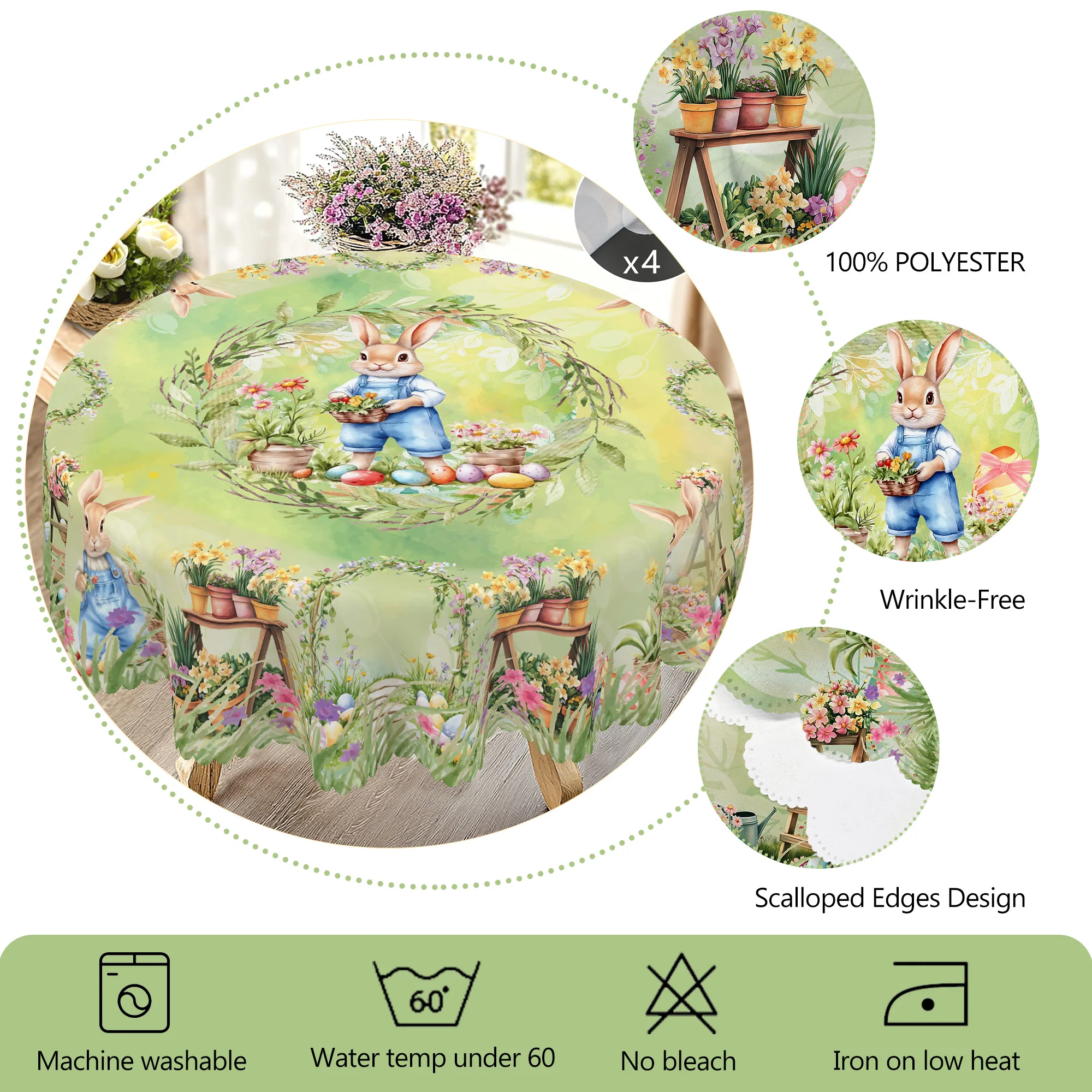 1 Easter Round Tablecloth, 5 Sizes Available, Retro Style Garden Easter Bunny Egg Print Tablecloth, Edge Embossing Process, Spring Garden Tablecloth Decoration, Tablecloth for Daily Home Kitchen, Terrace Use, Easter Decoration 5