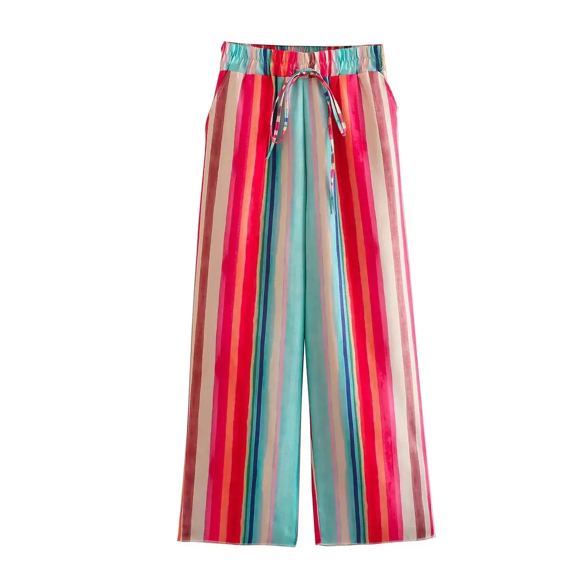 

Color Striped Trousers Women Elastic Waist Loose Style Wide Leg Long Pants Chic Lady Female Clothing 2023 Summer New
