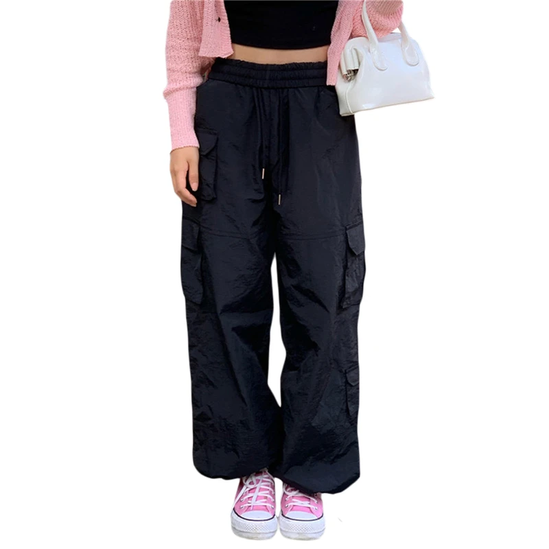 

y2k Parachute Pants Women Solid Color Elastic Low Waist Cargo Track Baggy Pants 2000s Loose Jogger Relaxed Trousers