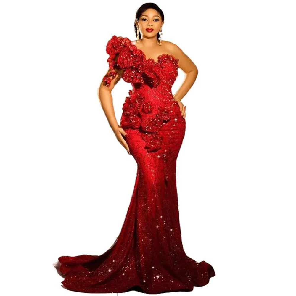 Aso Ebi Prom Dresses Illusion Sleeves Ruffles Flowers Beads Lace Mermaid Evening Dress Women Special Occasion Christmas Gowns