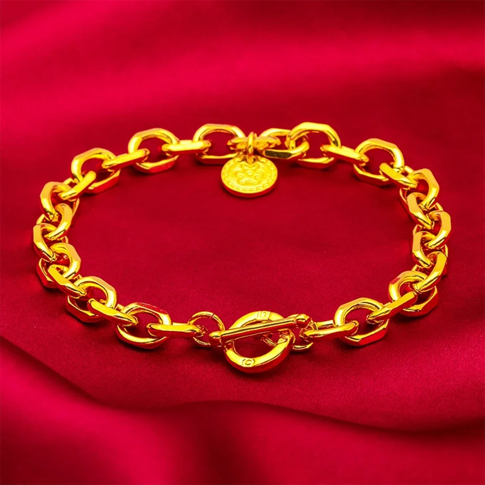 

Luxury Copy 24k O Link Bracelet for Women Pure Gold Color Circular Pendant Bracelet Matte Wedding Anniversary Fine Jewelry Gifts