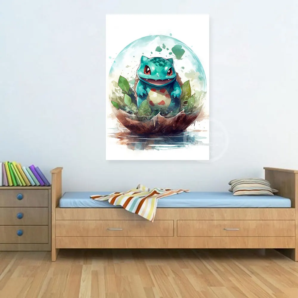 thumbnail image 1 of Anime Pokémon Canvas Painting Pikachu Squirtle Charmander Poster Watercolor Art Wall Cartoon Bubble Mural Room Decoration Gifts, 1 of 5