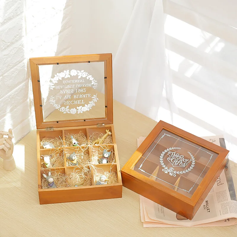 

Винтажный деревянный ящик, деревянный ящик для хранения с девятью дворцовыми решетками, квадратный розовый акриловый целый ящик