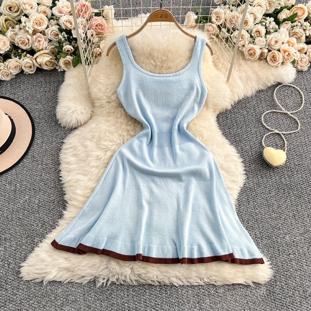 Contrast Color Letter Knitted Slip Dress for Women Summer A-Line Casual  All-Match Mini Frocks Holiday Party Dresses Streetwear - AliExpress  200000345