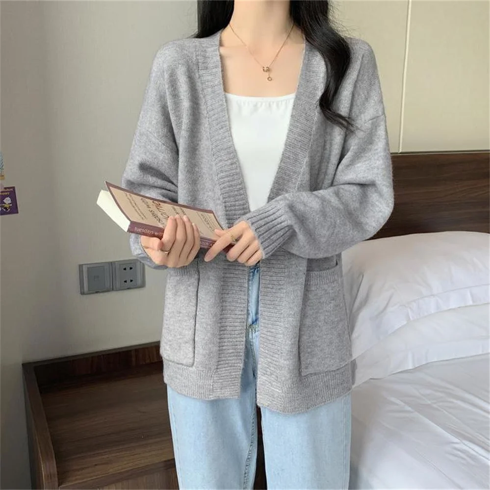 2023 캐주얼 루즈 브이넥 니트 가디건, 긴팔 니트 코트, 우아한 단색 상의, 한국 패션 신상