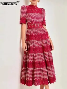 Eshin Stile elegante 2025 Estate New Chic Ladies Abito longuette rosso con maniche corte Modello unico Dettaglio Flowy a strati TH9652