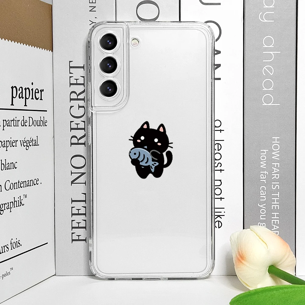 Whimsical Cartoon Cat & Fish Couple Clear Soft Phone Case