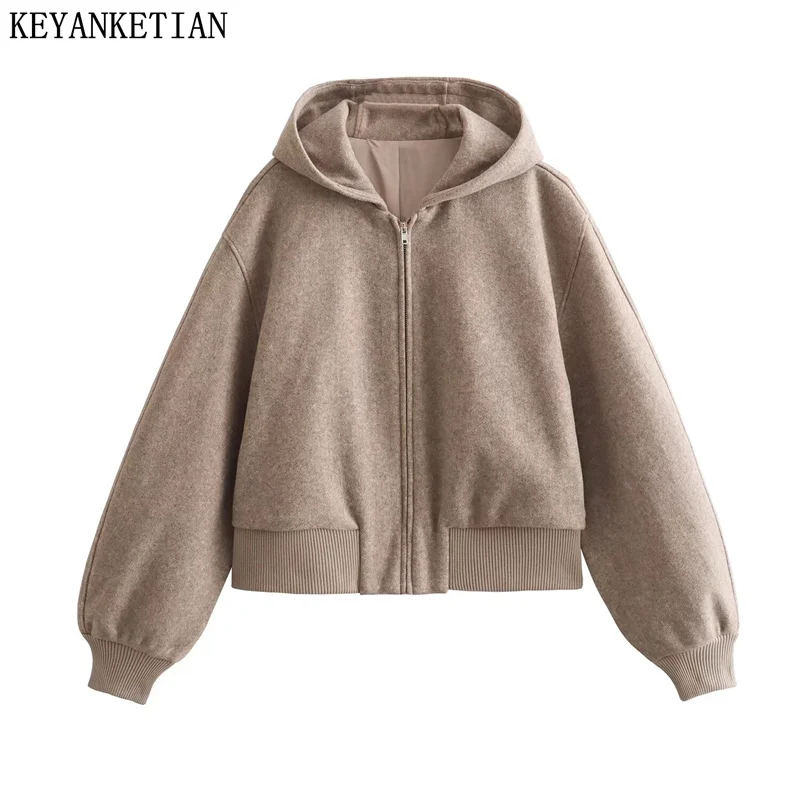 

KEYANKETIAN Winter New Women's Thickened Short Wool Jacket Fashion Simply Unisex style Loose Zipper Hooded Coat Outerwear Top