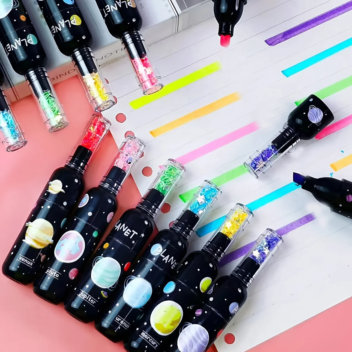 Highlighter Pen Highlighter Marker 6pcs/Set Wine Bottle Styling Planet Stationery Marker Pen Writing Painting Doodle Pen Multicolor Fluorescent