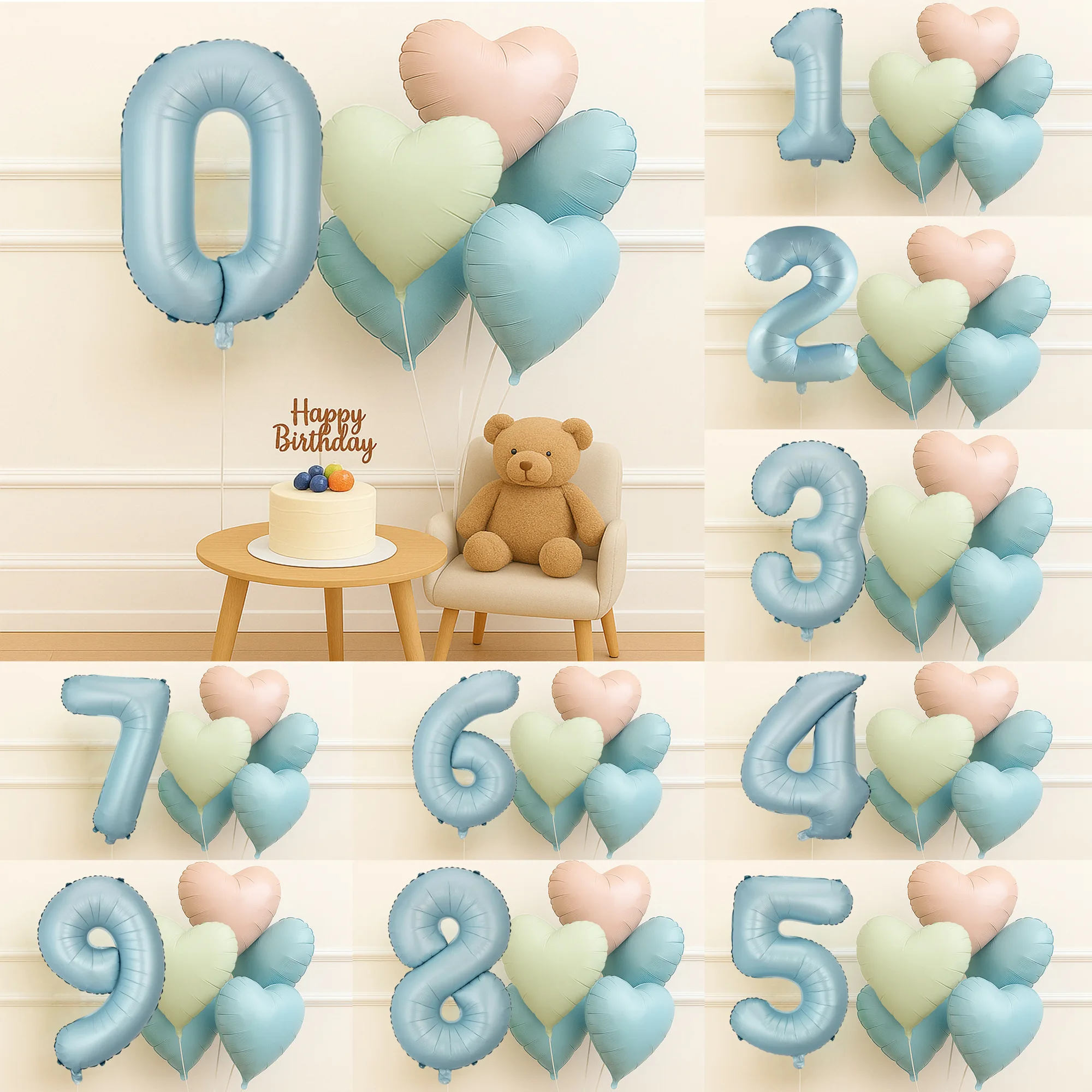 6-teiliges 32-Zoll-Set mit hellblauer Zahlen und mehrfarbigen Herz-Folienballons für Geburtstag, Weihnachten, Party, Dekoration, wiederverwendbarer Fotokabinen-Hintergrund