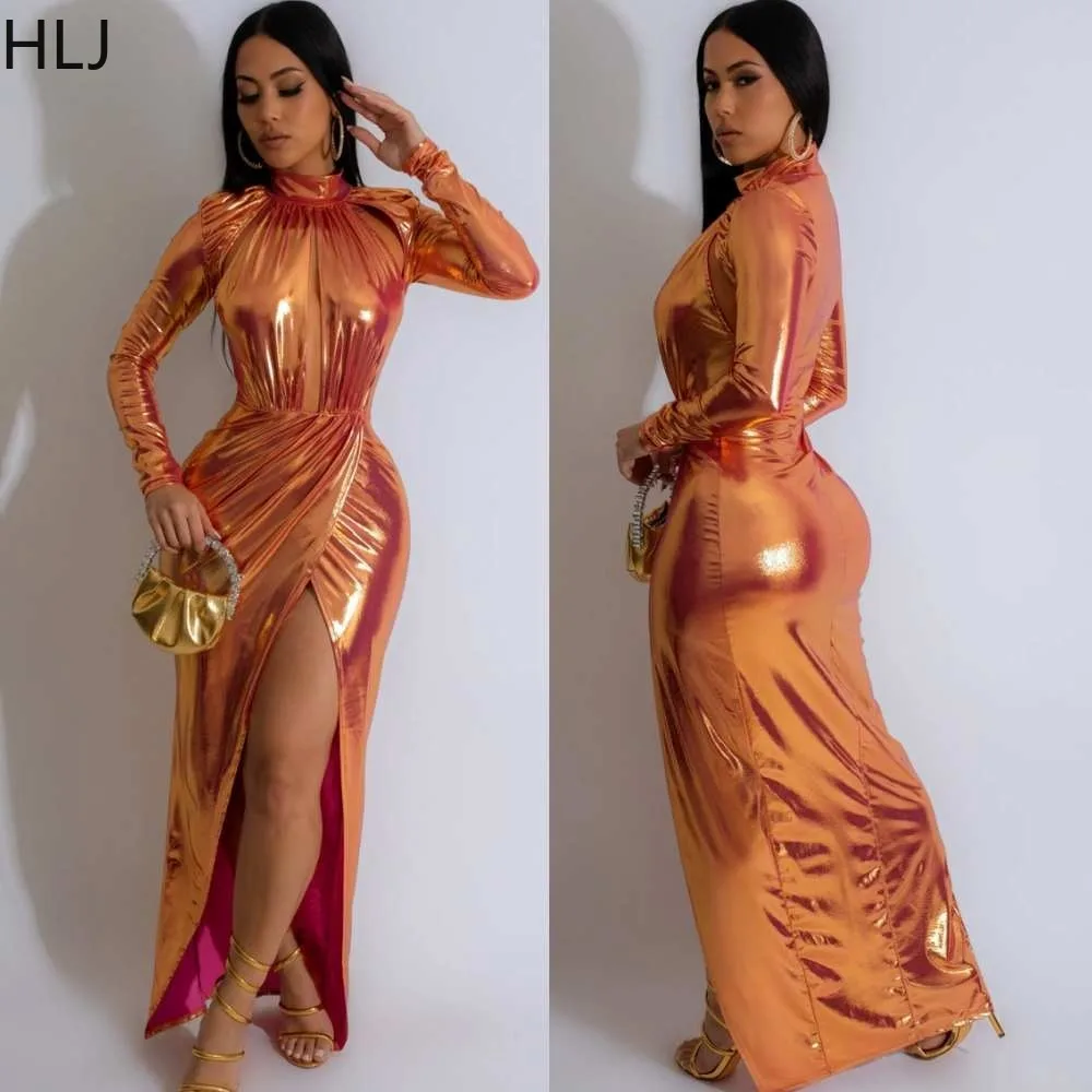 

HLJ Fashion Bright Ruched High Slit Evening Party Dresses Women Round Neck Long Sleeve Bodycon Floor Dress Female Solid Vestidos