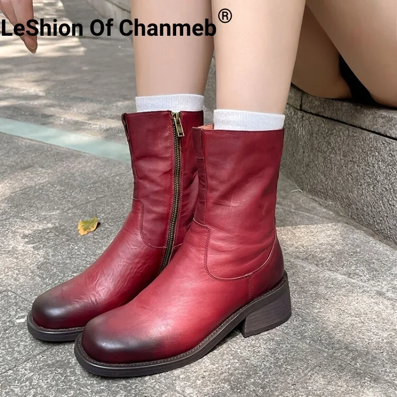 

LeShion Of Chanmeb Women Real Leather Boots Burgundy Block Heels Military Bootie Woman Square Toe Zipper Marton Shoes Vintage 40
