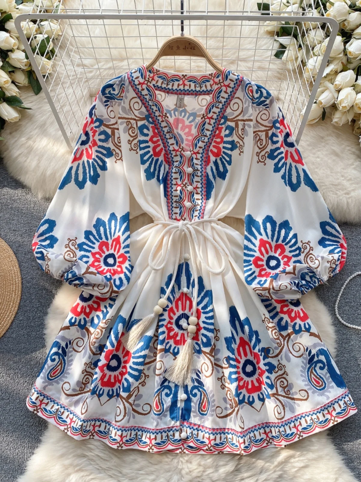 

Bohemian Vacation Style Printed Dress Women's High-Grade Lantern Sleeve Loose Tied Waist Slimming