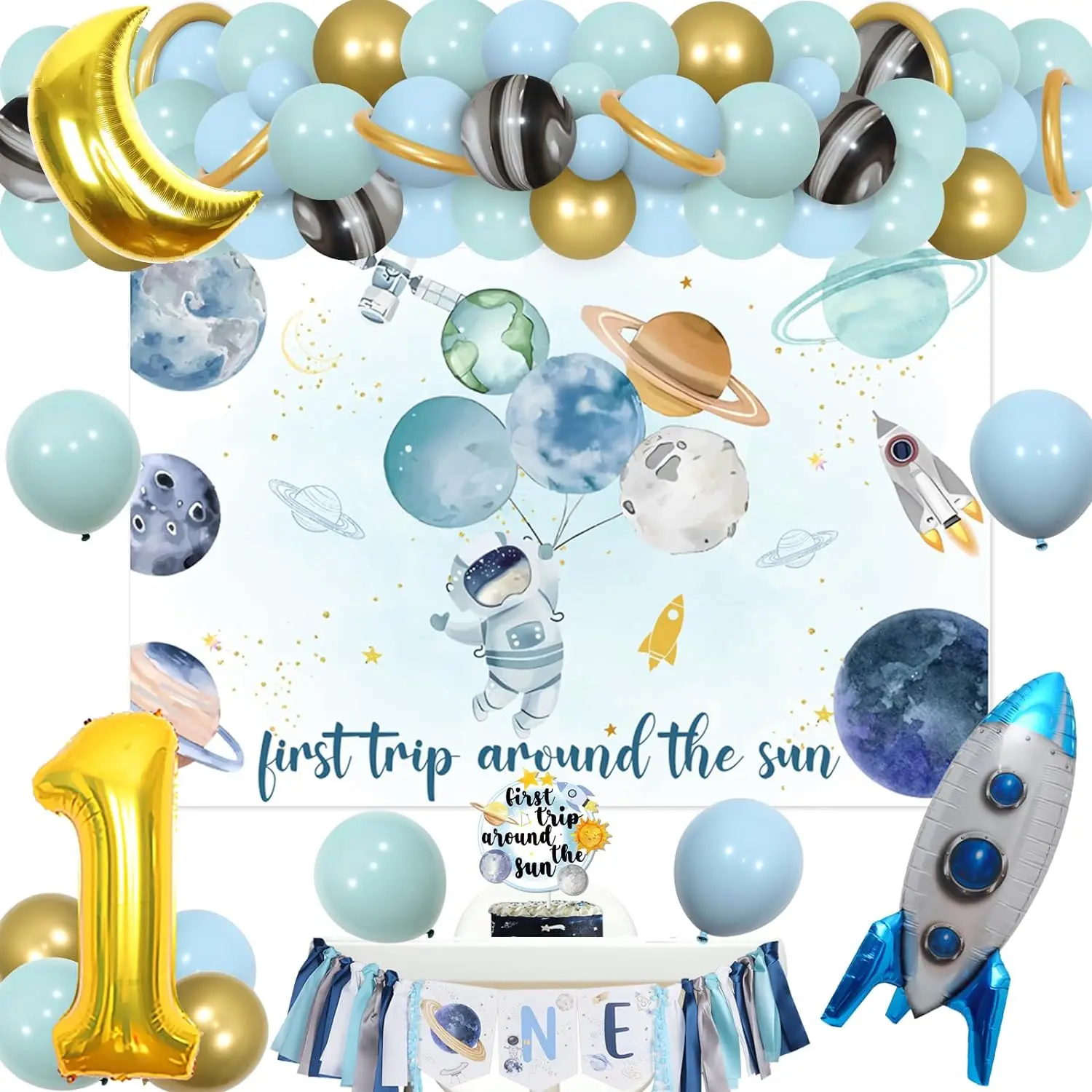 

First Trip Around The Sun Birthday Party Decor Outer Space 1st Birthday Backdrop Cake Topper Moon Rocket Balloons Arch Kit