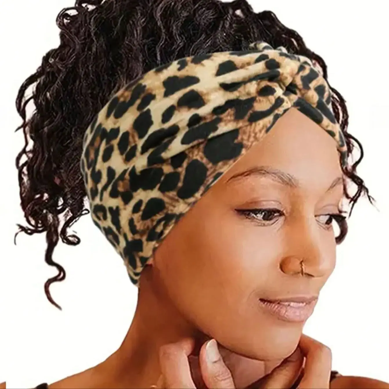1 x extra breites Haarband für Damen, Leopardenmuster, Kreuz, breites elastisches Haar-Accessoire, Kopfbedeckung, geknotetes Haarband im Kopftuch-Stil