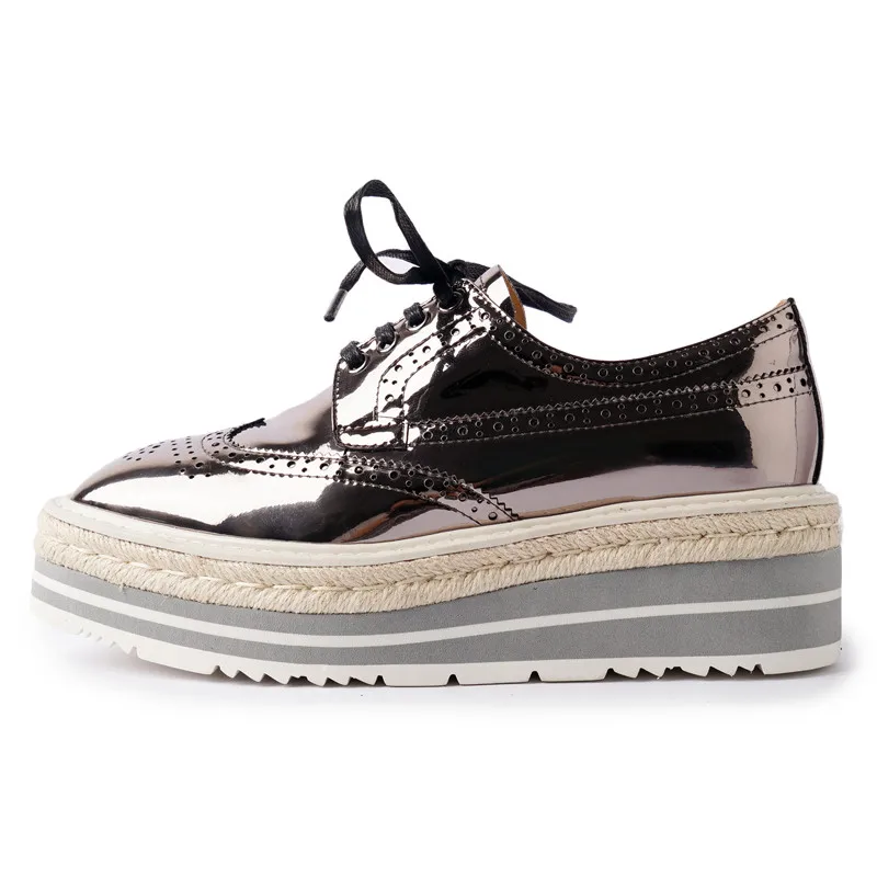 여성용 캐쥬얼 조각 작은 가죽 신발, 라운드 토, 두꺼운 밑창, 트렌디한 메탈릭 컬러, 미니멀리스트 품질 싱글 슈즈  Best5