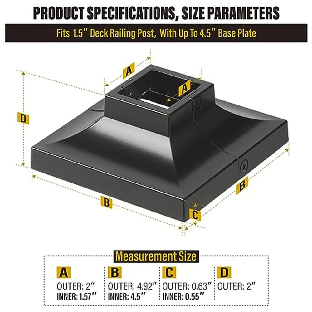 Aluminum Alloy Post Base Cover 1.5"x1.5" 4.5"x4.5" Handrail Stair Railing Skirt 4pack Black Waterproof UV Resistant Easy
