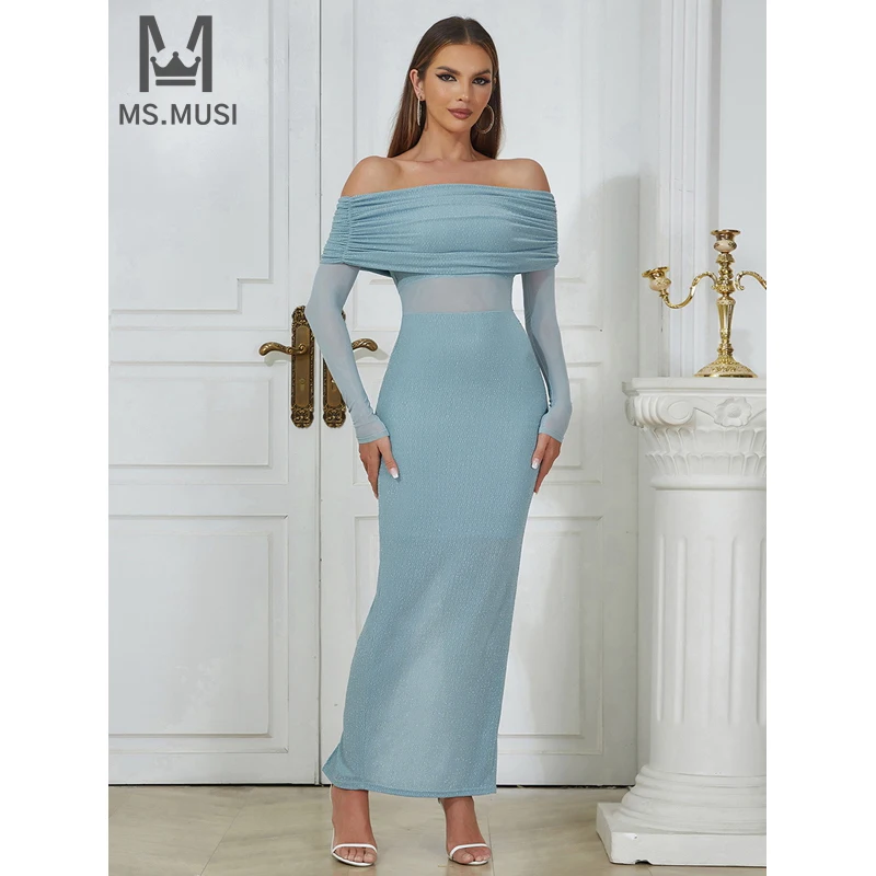 

MSMUSI 2024 New Fashion Women Sexy Off The Shoulder Lace Mesh Draped Fold Long Sleeve Bodycon Party Club Event Slit Maxi Dress