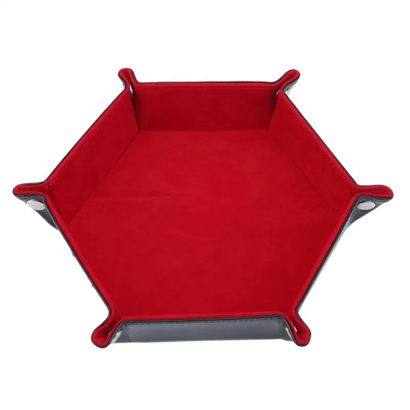 롤링 접이식 육각형 주사위 게임 보관 트레이, PU 가죽 및 벨벳 매트 거치대, 양면 두꺼운 사무용품 보관