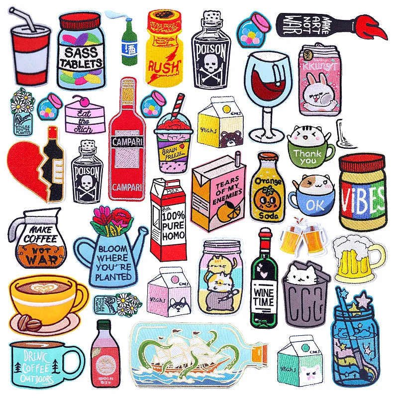 Assorted embroidered drink patches featuring milk cartons, wine bottles, beer mugs, and soda cups in colorful cartoon style