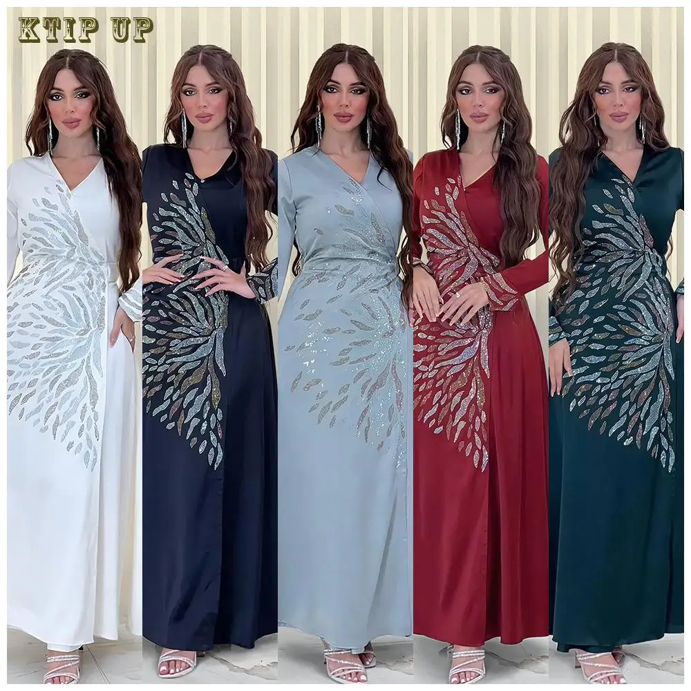 

Middle East Moroccan Muslim Fashion Diamonds Abaya Satin Evening Dress Dubai Saudi Arabia Cardigan Robe Maxi Dresses Malaysia