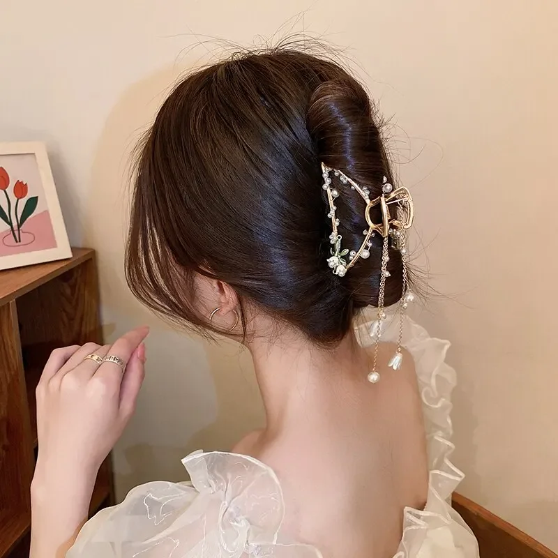 Imitation Perle Blume Haar Krallen für Frauen bunte runde Perlen Glocke geometrische Hai Kralle Clip Haars pangen Haarschmuck – Detail 3
