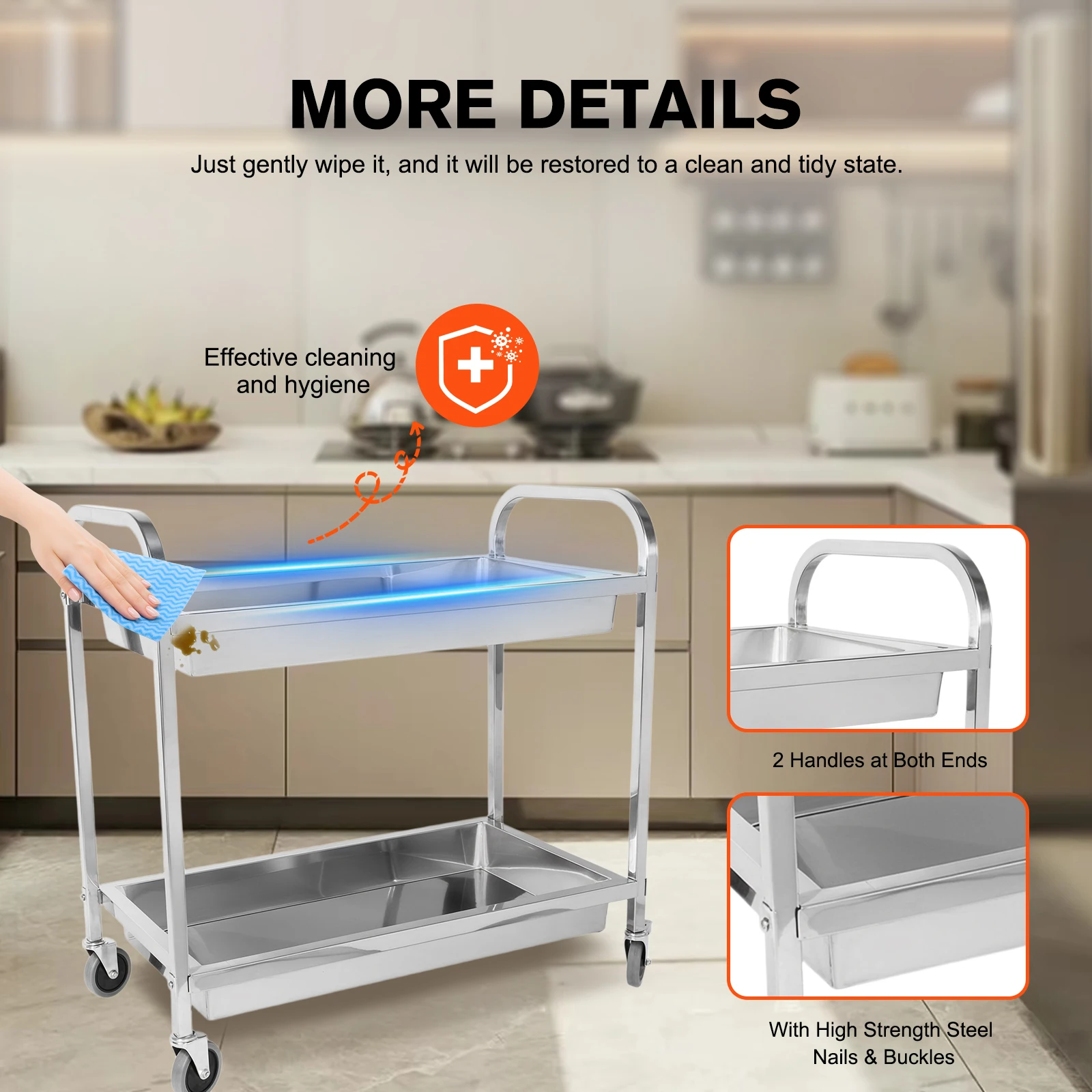 Stainless Steel Utility Cart with Wheels Kitchen Cart Mobile Dining Car Trolley for Kitchen Restaurant Hospital Lab and Hotel