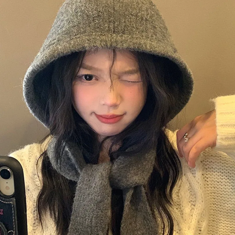 Korean Hats Scarf Set with Botton Scarf Balaclava Hat Warm Neck Set Women Knitted Wool Pullover Hat Gothic Y2k Winter
