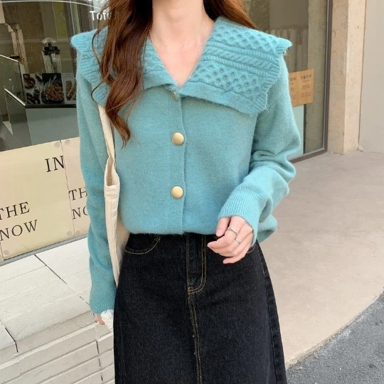 

Blue Solid Color Lady Knitting Girl Woman Blouse Shirt Women Sweater Cardigan Knit Fall Top Women's Sweaters Coat Cloth Suétere