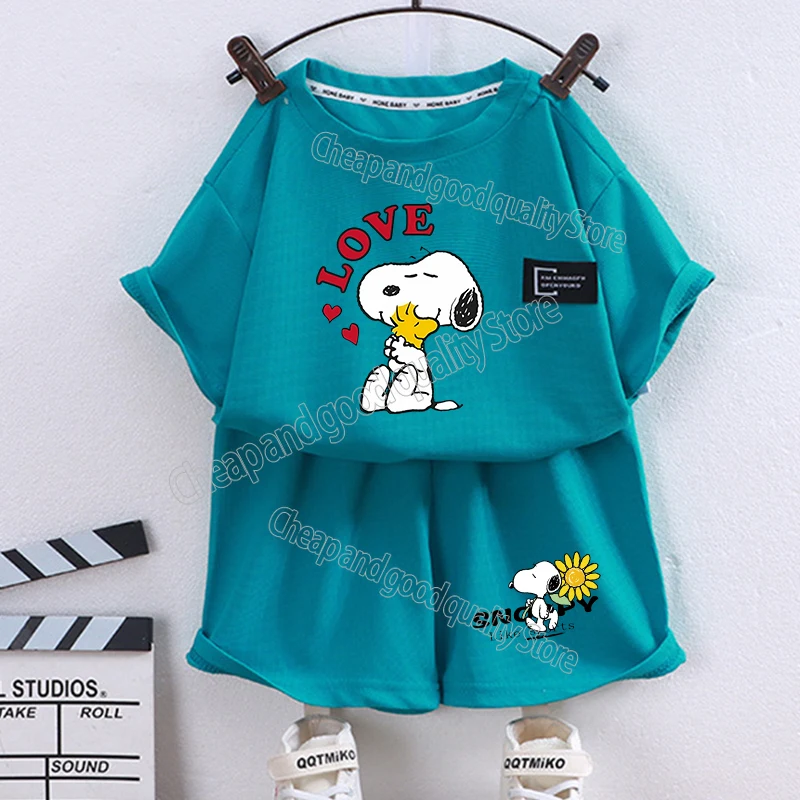 thumbnail image 1 of Camiseta de Snoopy para niño y niña, conjunto de 2 piezas, pantalones cortos, Tops de dibujos animados, chándales deportivos, trajes, regalo de cumpleaños, 1 of 5