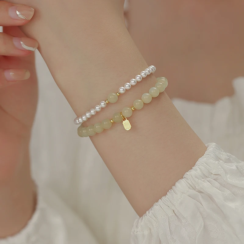 Elegante Ronde Jade Parel Kralen Armbanden Vintage Koreaanse Stijl Armband Voor Vrouwen Mode Sieraden Accessoires Feest Geschenken