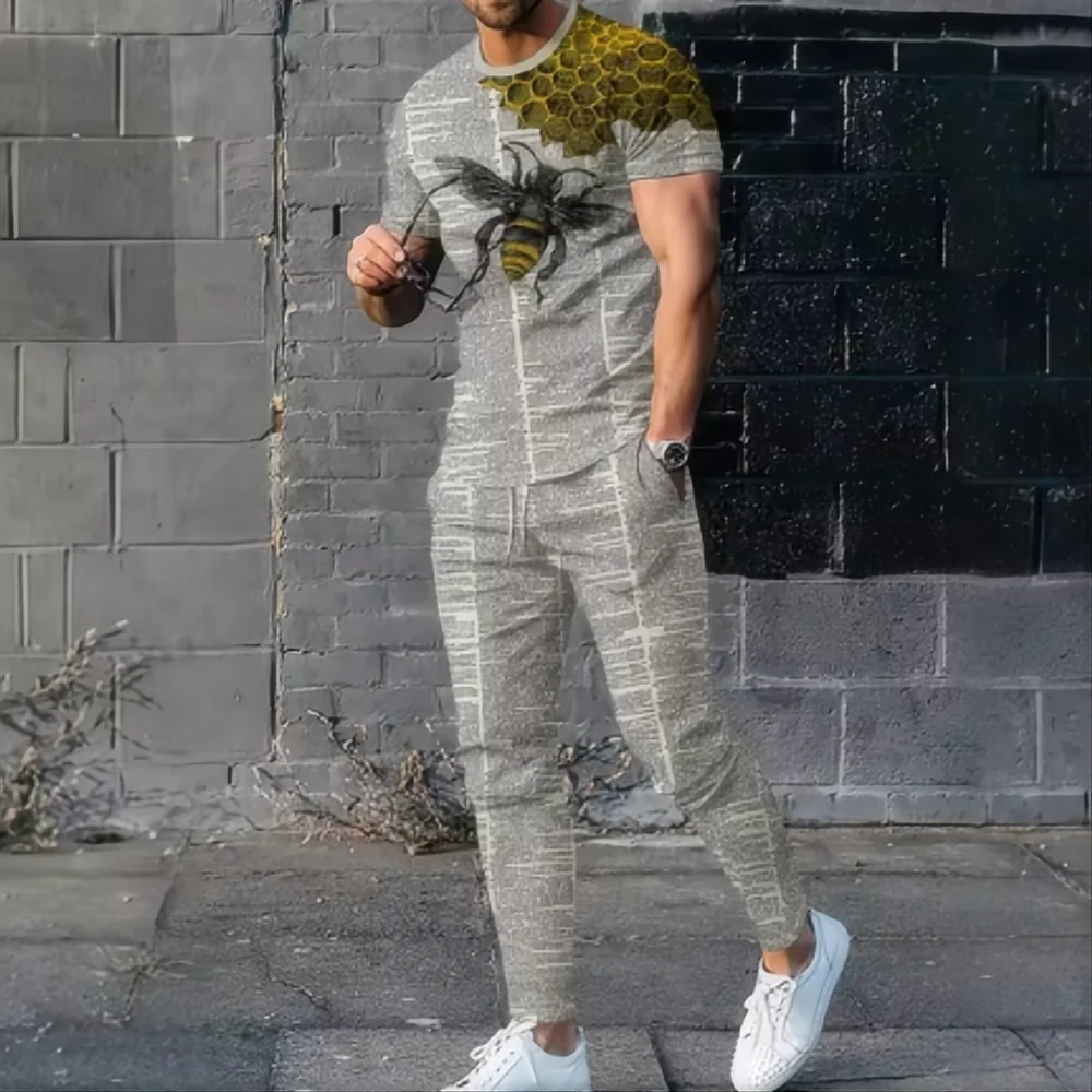 Summer fashion new striped simplest bee pattern 3D printed fashion short sleeved T-shirt long pants men's set 5