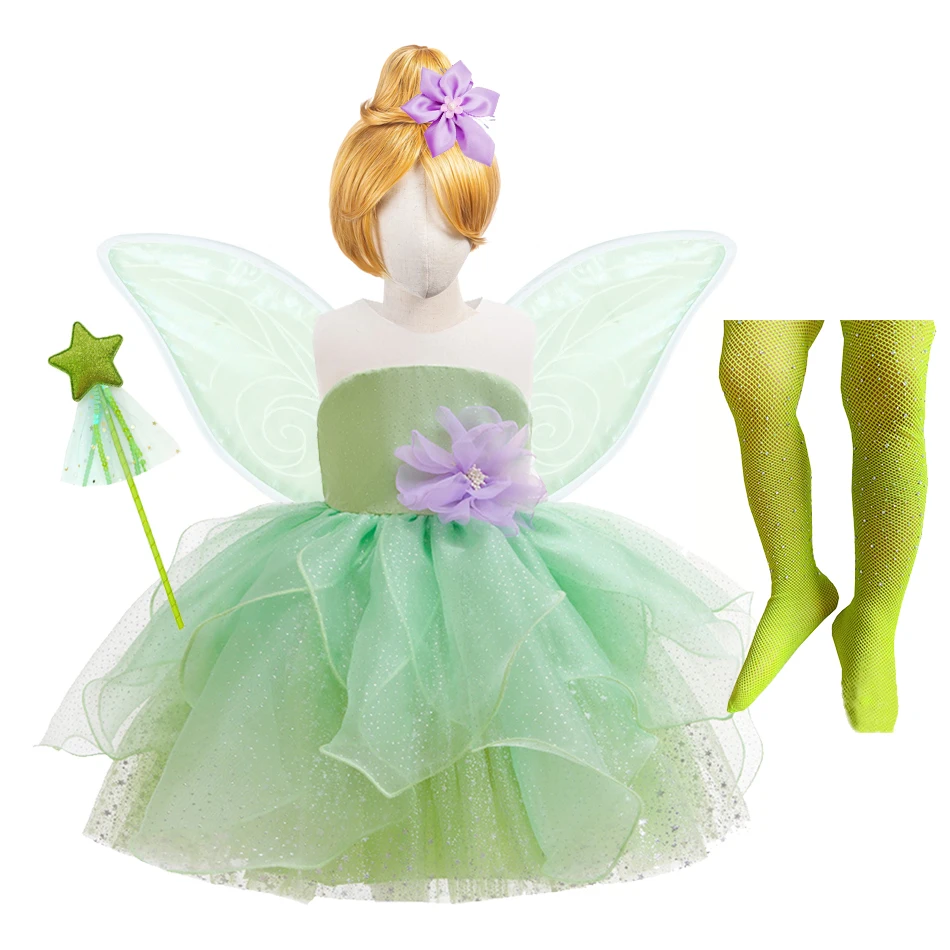 Baby Girl Dress Green Forest Leaf Fairy Cosplay Dress Flower Fairy Girls  Tinkerbell Cross-border Green Tutu Gown Carnival Frock