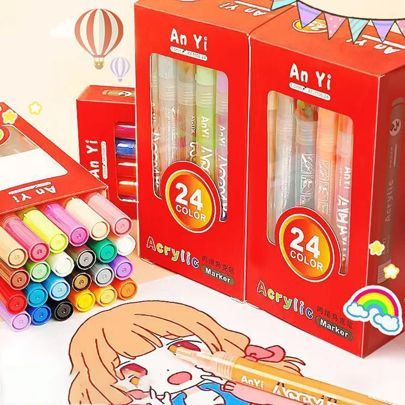 12/24/36 Colors Children's Marker Acrylic Mark Card Evaluation Seal Water-based Ceramic Paint Pen Fast Drying and Sun Resistant custom promotional customized concert props 15 colors acrylic id card holder acrylic colorful flashing badge glowing led lanya