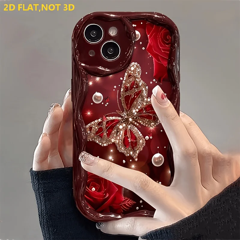 Luxury Cream Wavy Protective Phone Case with Diamond Butterfly Rose Design