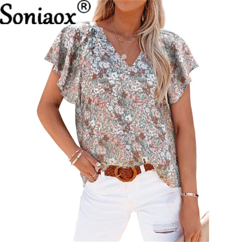 Women New Summer Floral Pattern Oversized Blouse Tops Ladies Casual Petal Short Sleeve V-Neck Loose Shirt Pullover