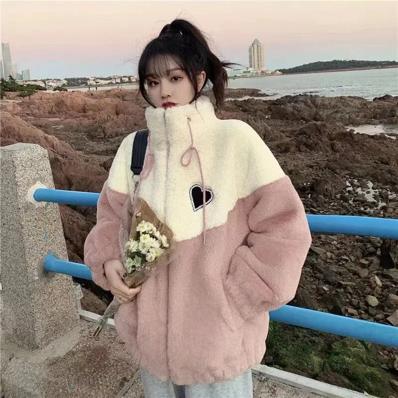 

Gidyq Women Lamb Wool Jackets Korean Fashion Love Embroidery Parka Coats Winter Female Casual Patchwork Thick Warm Outwear New