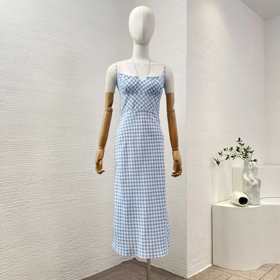 

2024 New Collection Silk Blue Pink Khaki White Plaid Sleeveless Halter Flouncing Ruffle Collar Backless Midi Dress for Women