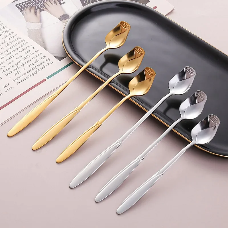 Stainless steel spoon Long Handle Teaspoon Stainless Steel Rose Mixing Spoon Unusual Teaspoons for Dessert Honey Salad Tea Coffee Spoons New Year Gift
