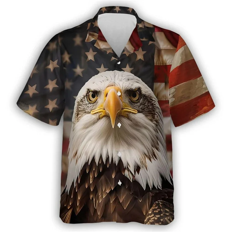 thumbnail image 1 of Camisa hawaiana con estampado 3D de águila y ganado para hombre, diseño gratuito de soldado con bandera de EE. UU., camisas hawaianas con solapa informal, blusa de manga corta, 1 of 5