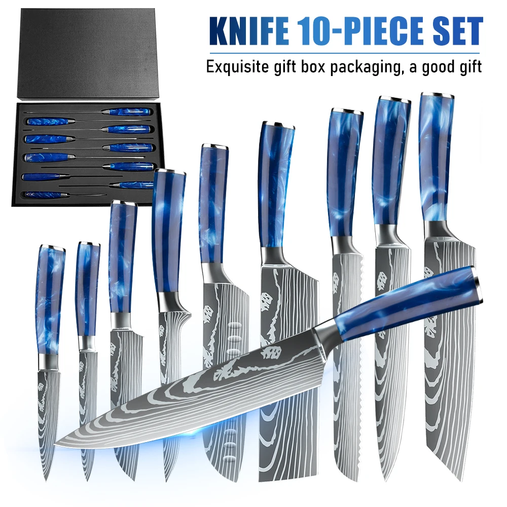 ZENG 8-teiliges Küchenmesser-Set aus Hochkarbon-Stahl mit Damastmuster und Blauem Kunstharzgriff, Ultrascharfe Kochmesser mit Geschenkbox – Detail 7