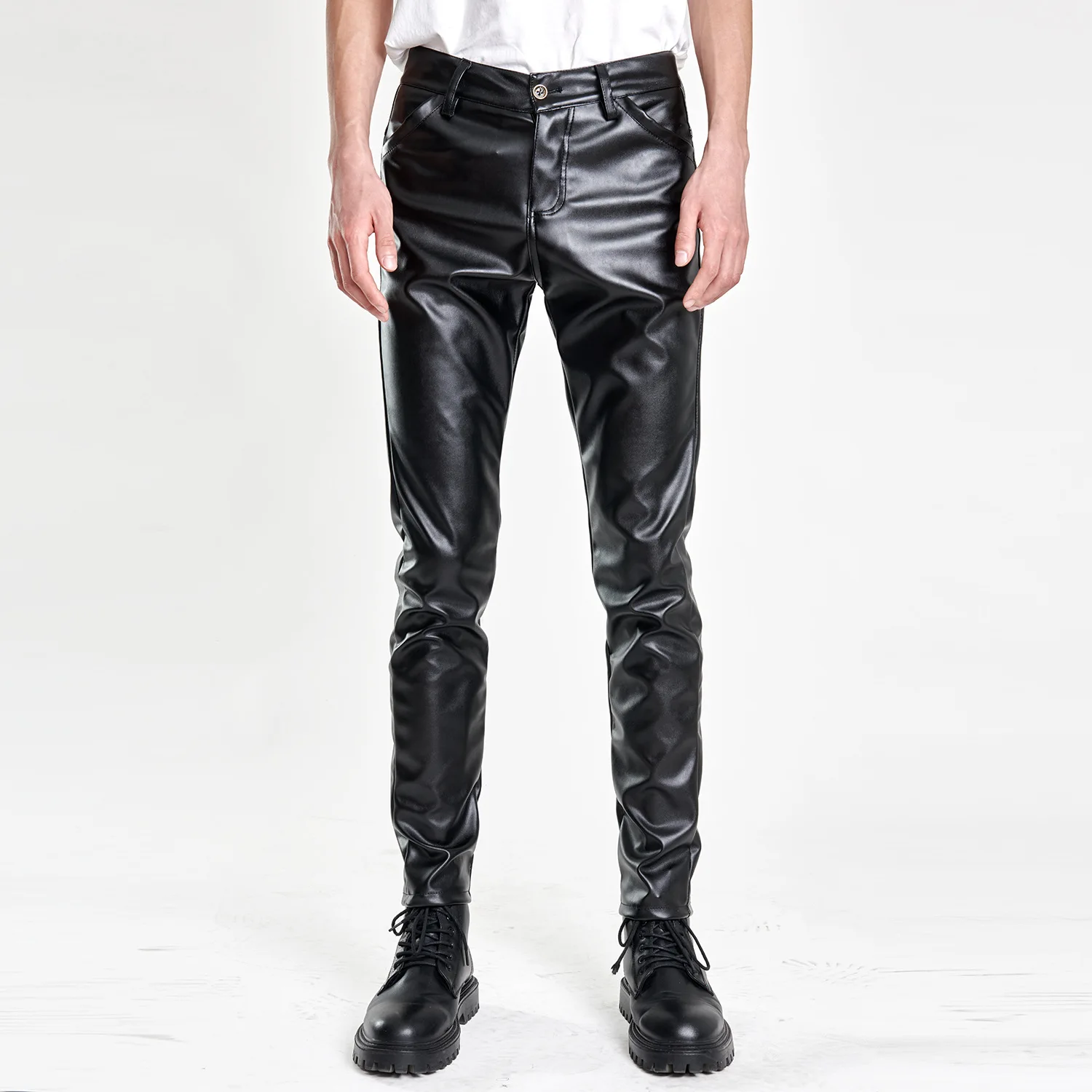Moto Skinny Elastic Faux Leather Pants Men Black Gold White Thin PU Leather Trousers Brand Men Clothing 2
