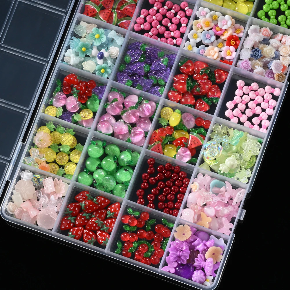 1 Box Harz bunte Obst/Blume Nail Art Charms Set süße Pfirsich, Erdbeere, Kirsche, Schleife Blume Sommer Nagel Edelsteine Nail Art Dekoration – Detail 4