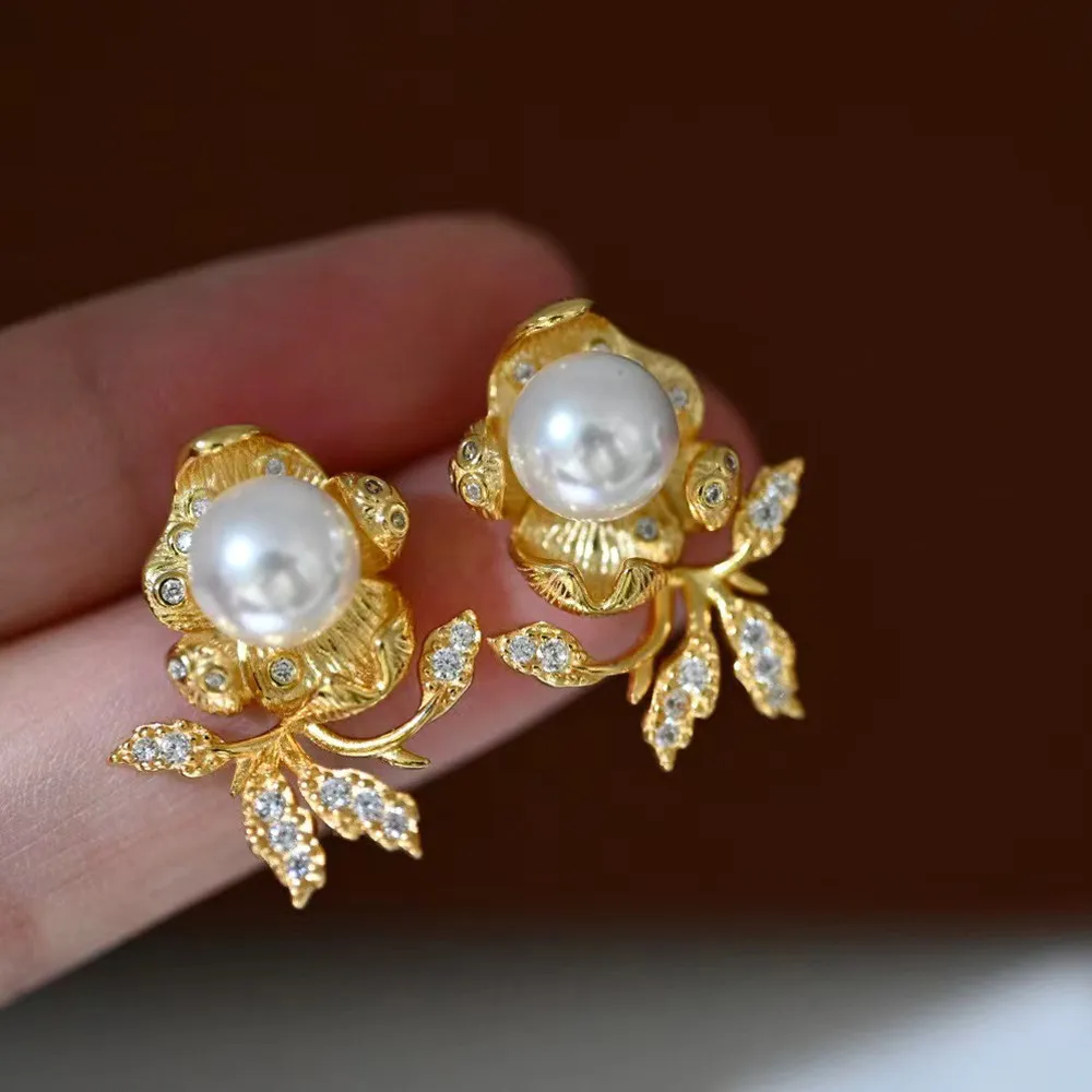 

DIY Pearl Ear Stud Accessories S925 Sterling Silver Jewelry Gold Ear Stud Female Empty Fit 7-9mm Beads