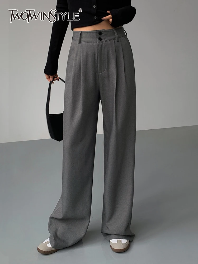 

TWOTWINSTYLE Solid Spliced Folds Pants For Women High Waist Patchwork Pockets Minimalist Vintage Pant Female Fashion Clothes New