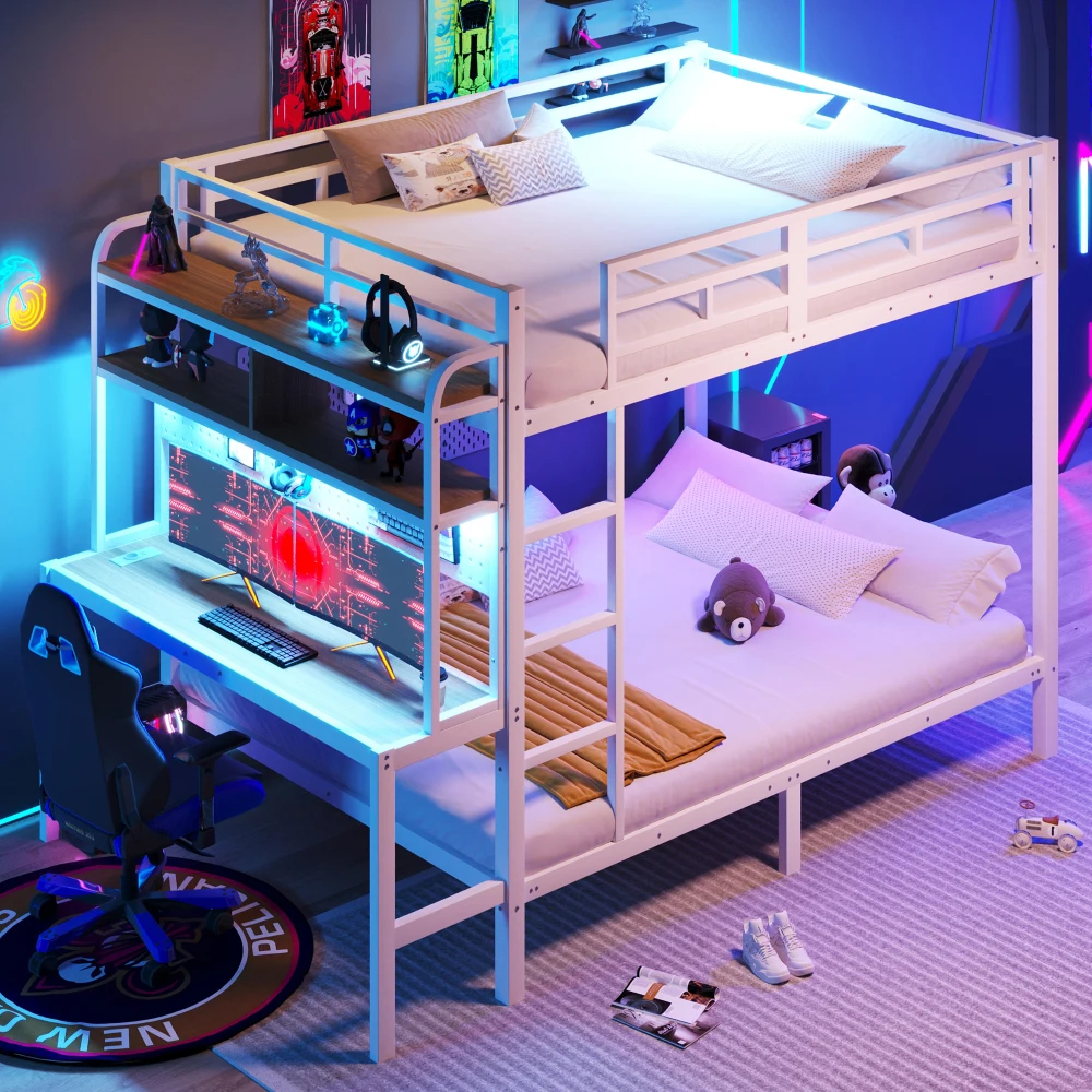 Etagenbett 140x200cm, Eisenrahmen, Stauraum, Schreibtisch mit LED-Lichtleiste, USB-Anschluss, Sicherheitsgeländer, Leiter, ohne Matratze – Detail 7